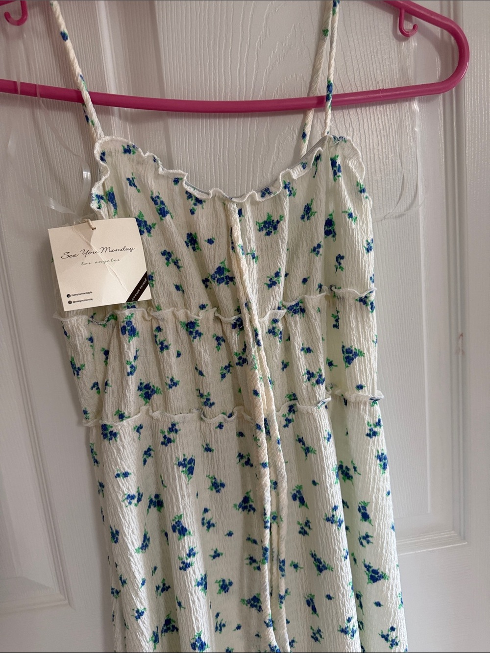 See You Monday White Maxi Dress with Blue & Green Floral Print